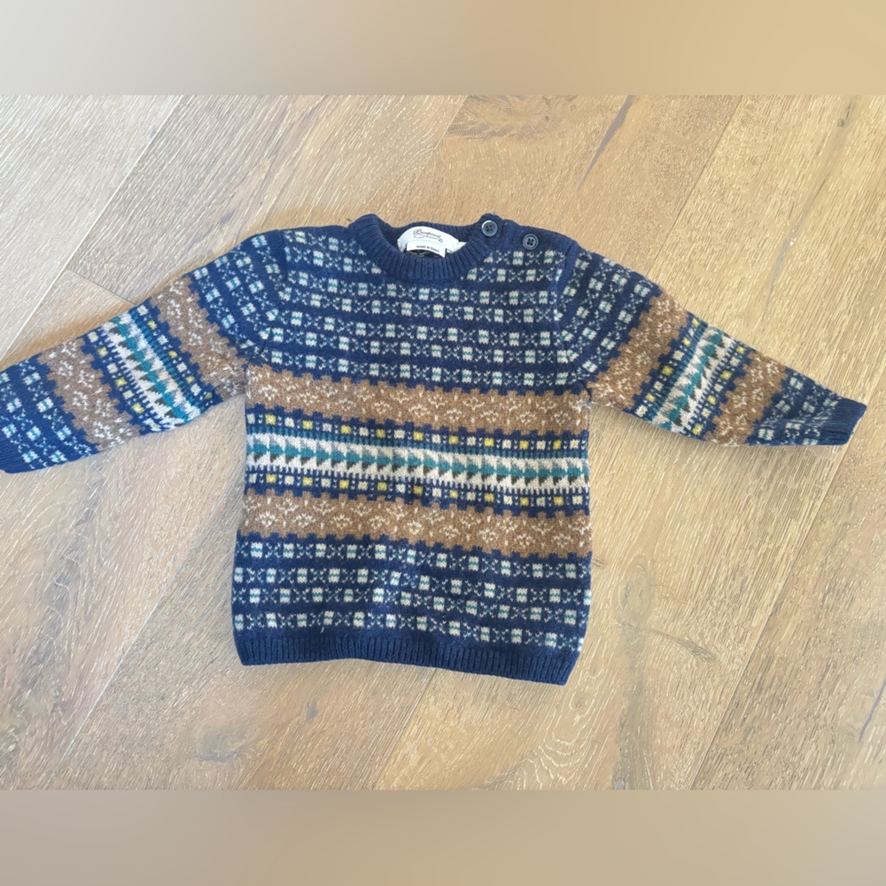 Bonpoint Navy Fair Isle Knit Baby Sweater with Cream and Green Accents 2